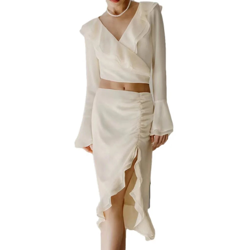 Women's 2023 Custom Color Chiffon Two-Piece Set Long Sleeve Shirt and Solid Pattern Skirt Top Long Sleeve Top and Skirt