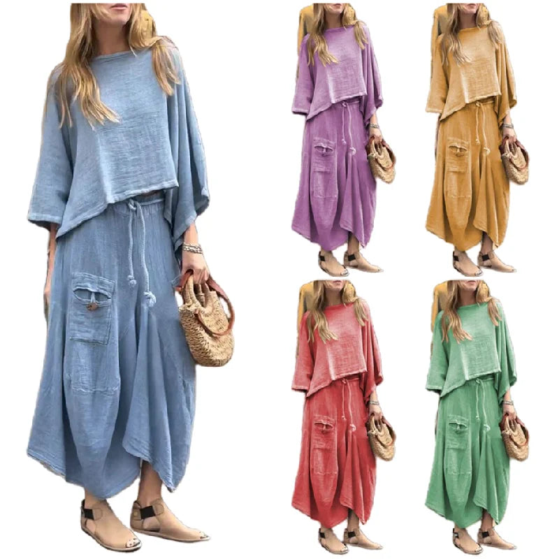 Y7087 Latest Design Plus Size Fall Outfits for Women Casual Solid Color Loose Top and Skirt Set Two Piece Set Women Clothing