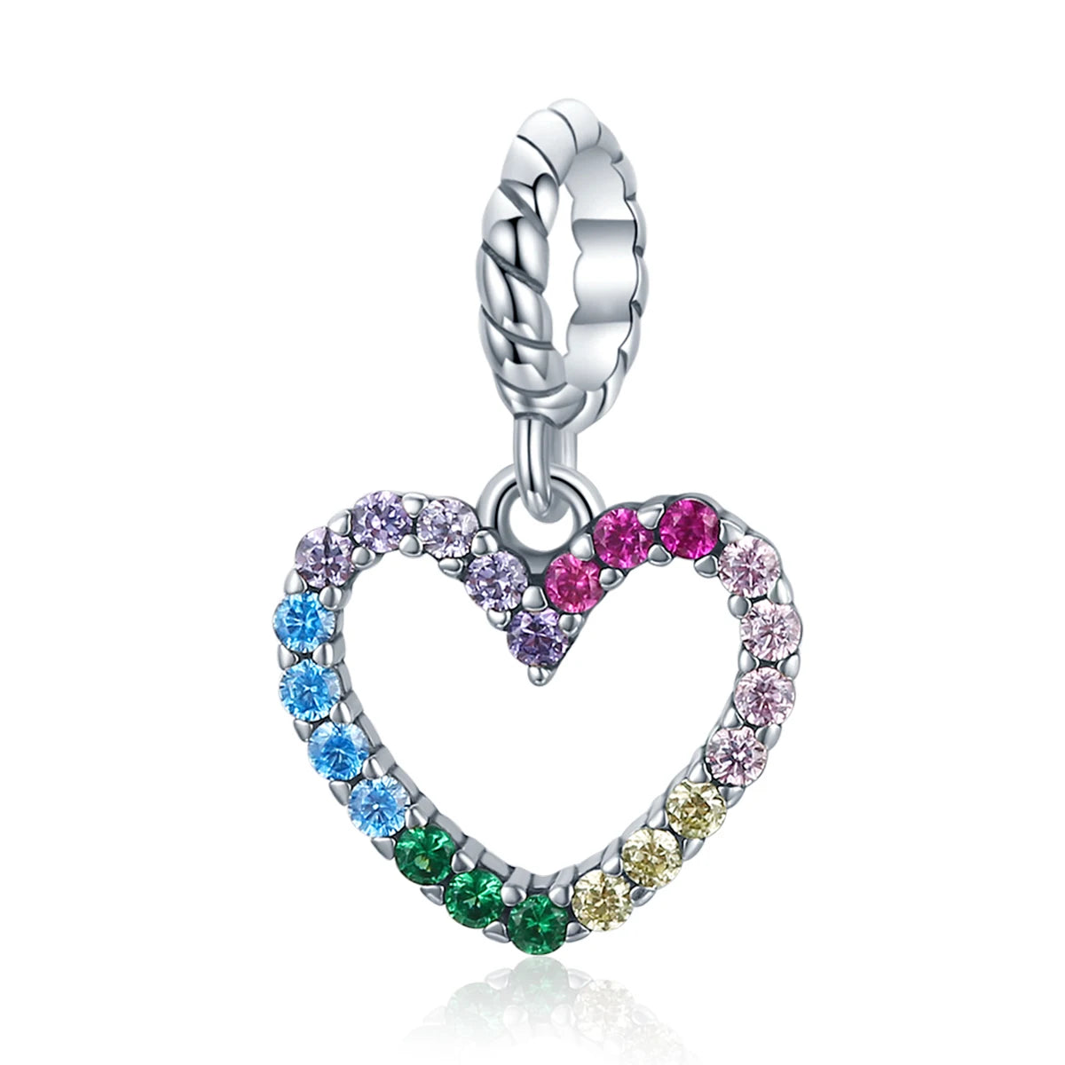 925 Sterling Silver Rainbow Zircon Heart Shape Charm Pendant for Original Bracelet Bangle DIY Making Fine Jewelry SCC1851