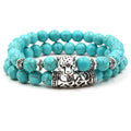 Bohemian 8mm Chain Bead Bracelet Set Silver Lion Owl Buddha Head Turquoise Natural Stone High Quality Ball Shape Pattern for Men