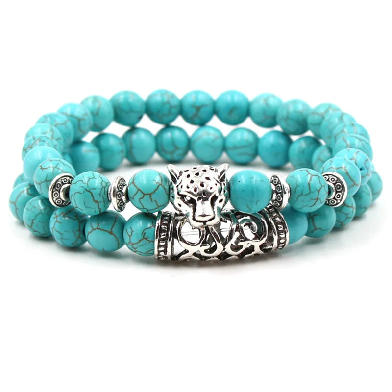 Bohemian 8mm Chain Bead Bracelet Set Silver Lion Owl Buddha Head Turquoise Natural Stone High Quality Ball Shape Pattern for Men