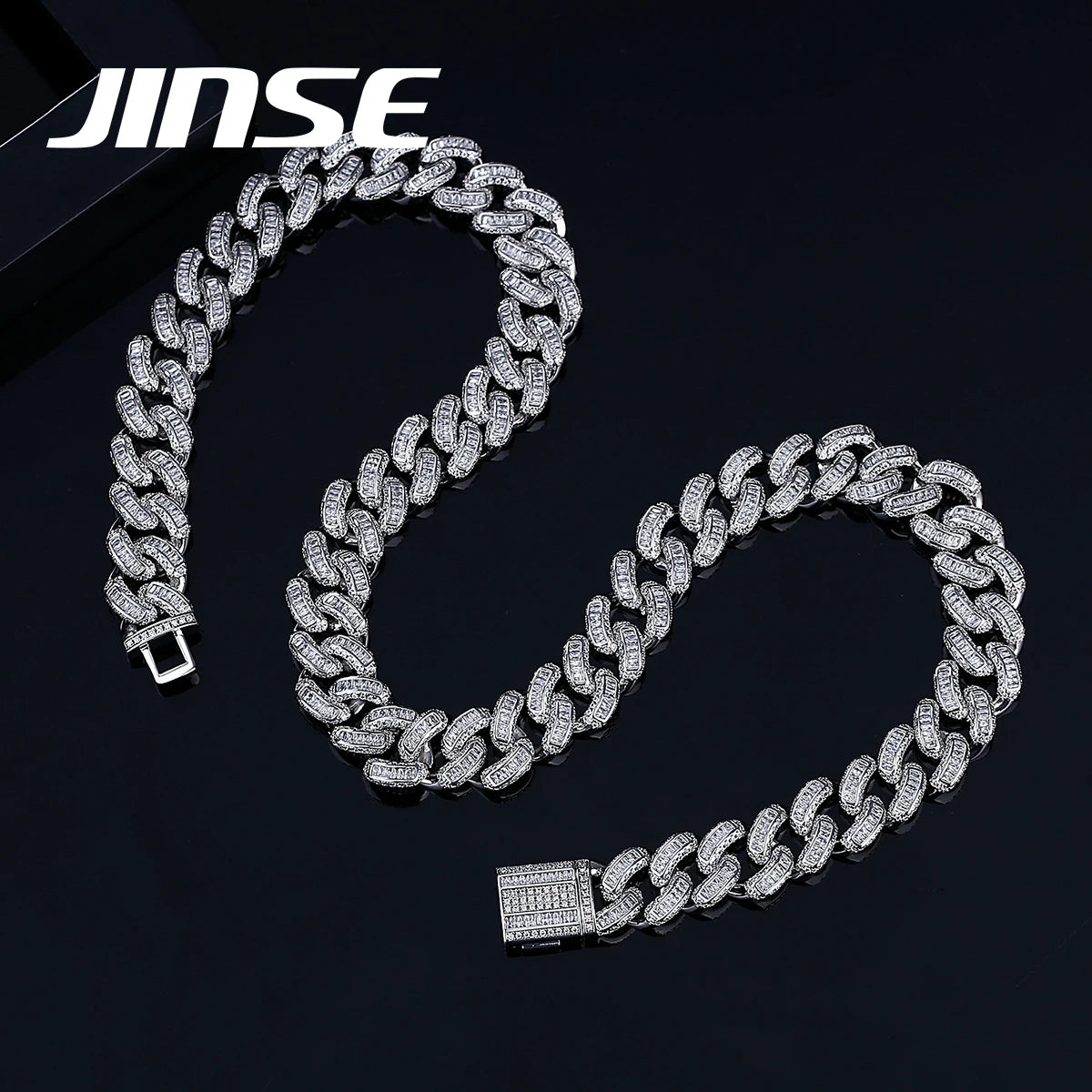 JINSE Hip Hop Cuban Link Chain High Luxury Cubic Zirconia Necklace Men Fashion Necklace