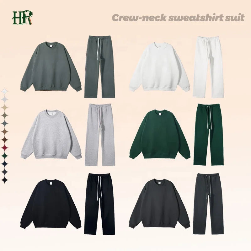 Custom Crew Neck Long Sleeve Two Piece Sui Oversize Plain Pullover Sweatshirt Sweatpants Jogger Sets