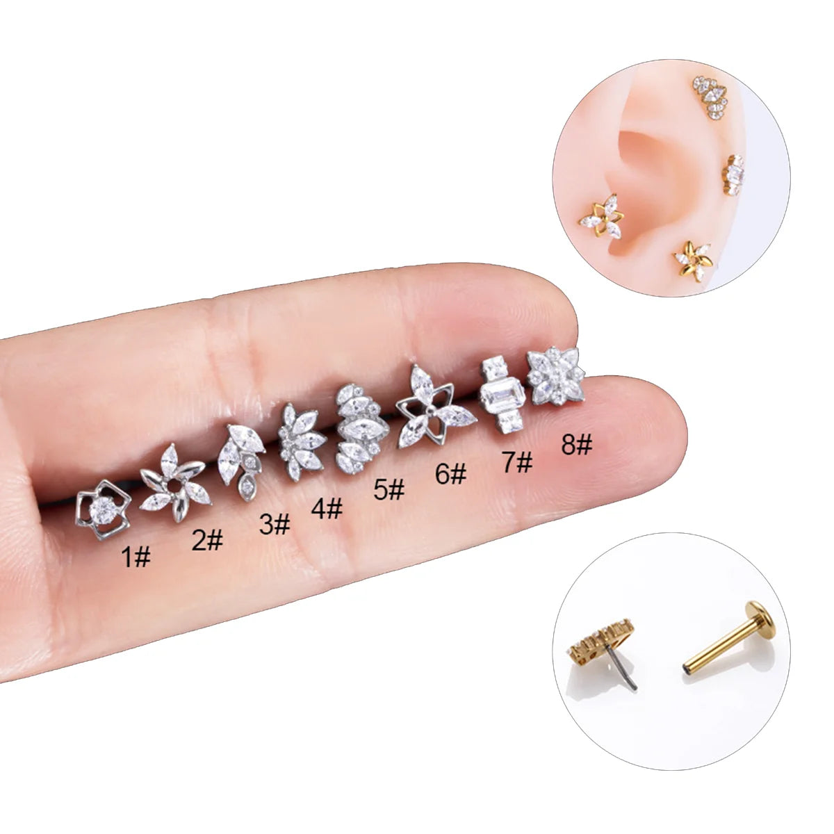 ASTM F136 Titanium Flat Back Push Fit CZ Gem Flower Earrings Hypoallergenic Tragus Helix Cartilage Main Stone Zircon