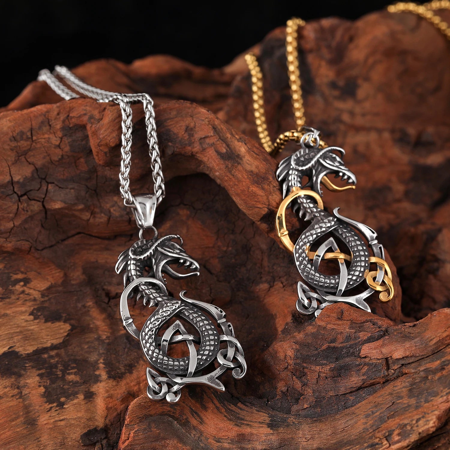 Nordic Viking Amulet Dragon Dreki Jormungand Knot Necklace Men Stainless Steel Viking Jewelry