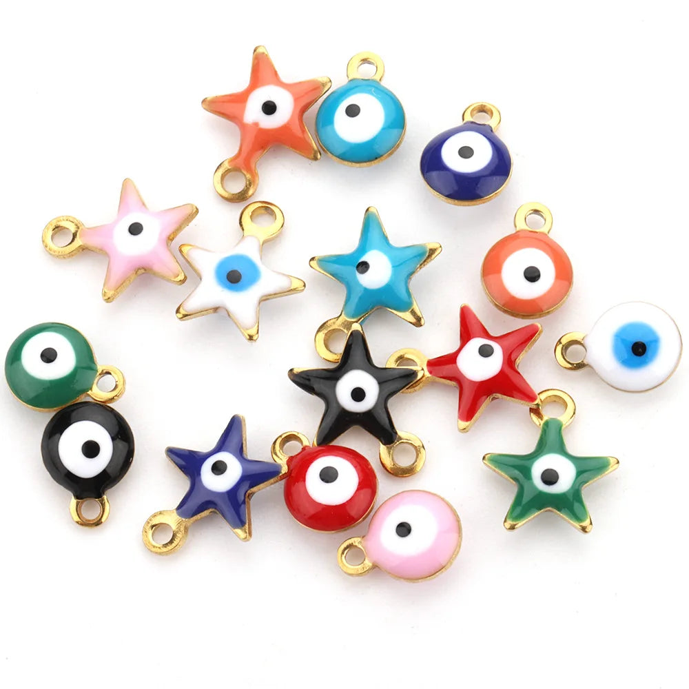 18k Gold  Eye Charms Wholesale Pink Blue Enamel Turkish Colorful Stainless Steel Bulk Pendants for Bracelet Jewelry Making