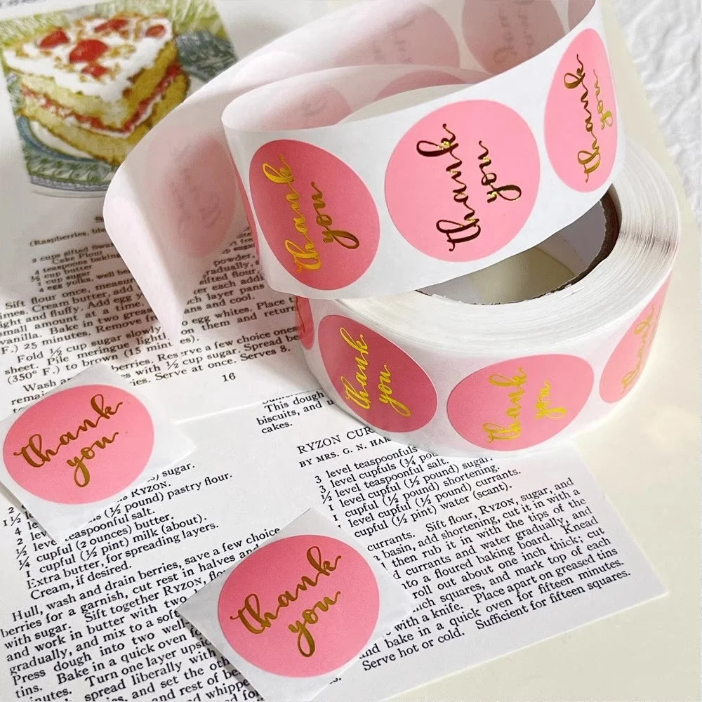 Thank You Sticker Sticker Pink Black Hot Gold Foil Stamping Seal Sticker Envelope Gift Wedding Decoration Roll Round