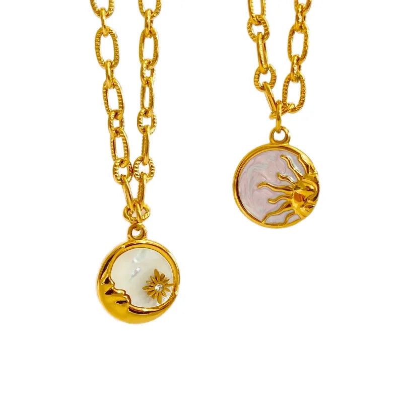 Women's Trendy 18K Gold Plated Stainless Steel Necklace Fashion Pendant Moon Sun Seashell Waterproof Snake Chain Heart Shape
