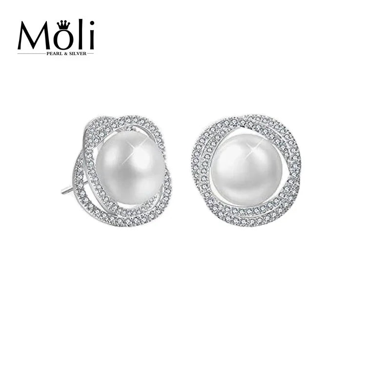 Bird Nest Style Silver 5A 8-9mm White Freshwater Pearl Stud Earring Wholesale Fashion Jewelry
