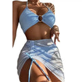 3 Pieces Mesh Skirt Swimsuit Women Halter Micro Ribbed Bikini _ High Waist Swimwear Sexy Solid Beachwear Bathing Suit Biquini