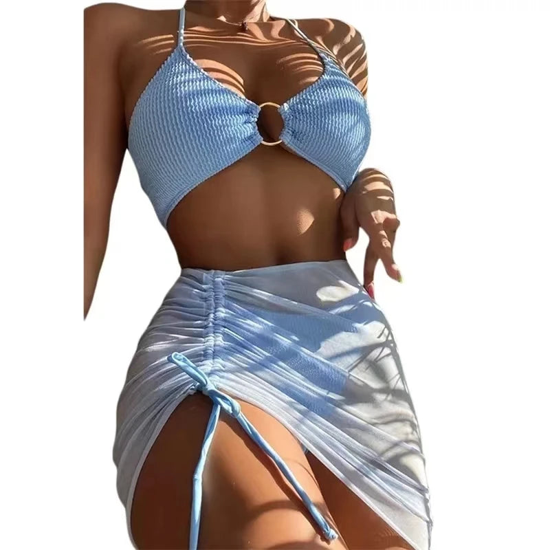 3 Pieces Mesh Skirt Swimsuit Women Halter Micro Ribbed Bikini _ High Waist Swimwear Sexy Solid Beachwear Bathing Suit Biquini