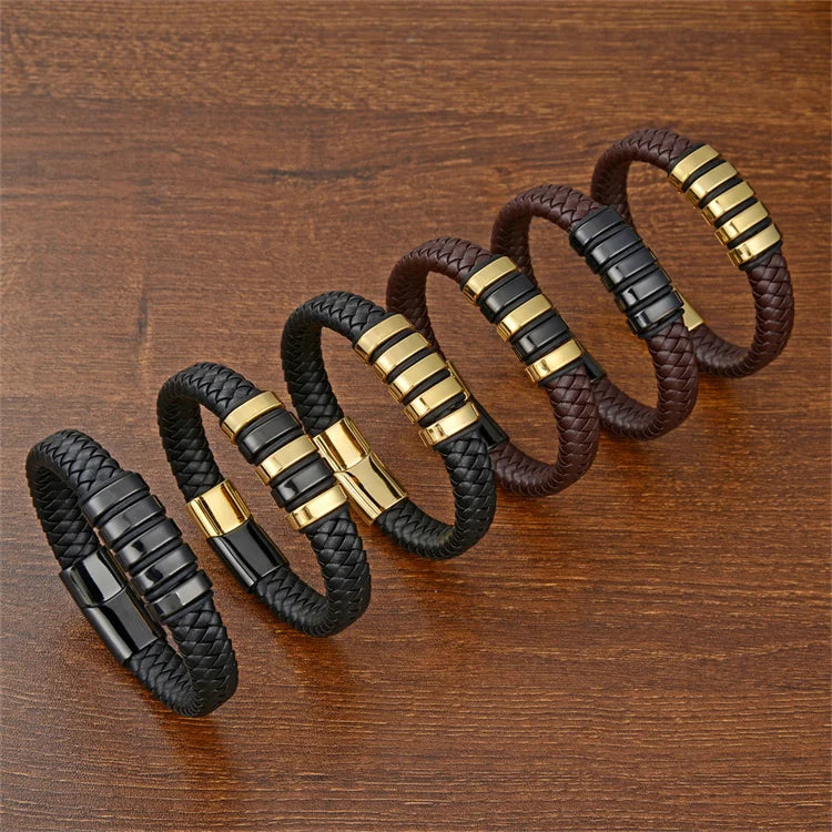Good Quality Custom Leather Braided Bracelet Stainless Steel Gold Plated Leather Bracelet for Men