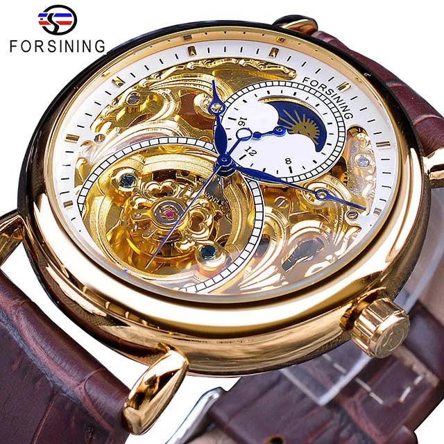 FORSINING GMT1125 2022 Fashion Watches Brown Leather Moonphase Design Fashion Mens Forsining Automatic Mechanical Watch Men