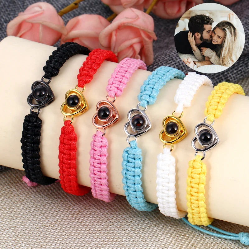 Fashion Jewelry Personalize Custom Couple Heart Shape Rope Bracelets Women Men Projection Picture Charm Bracelet for Gift