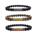 New Fashion Natural Stone Matte Black Onyx Lava Stone CZ Pave Tube Hematite Beaded Elastic Bracelet Men JBS9623