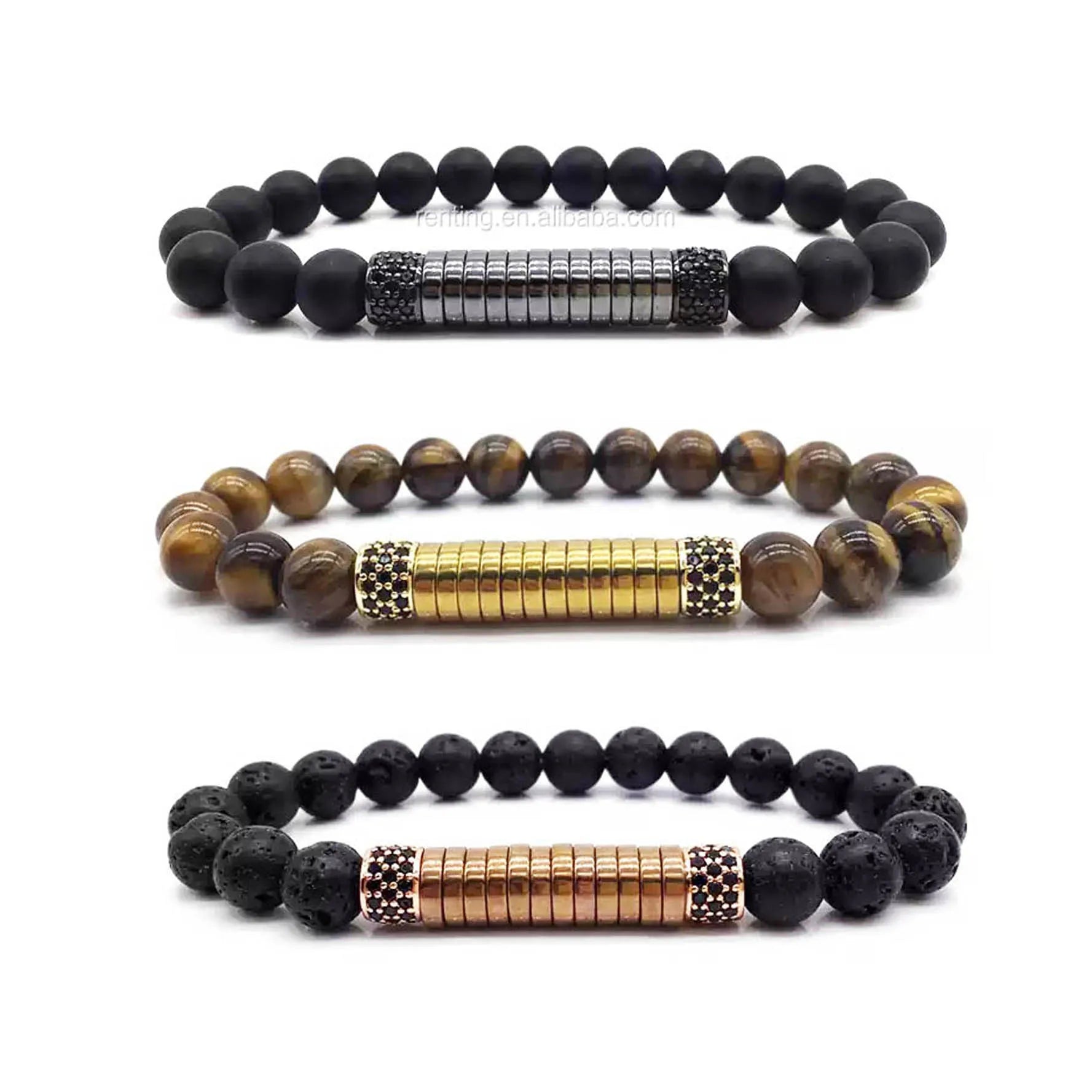New Fashion Natural Stone Matte Black Onyx Lava Stone CZ Pave Tube Hematite Beaded Elastic Bracelet Men JBS9623
