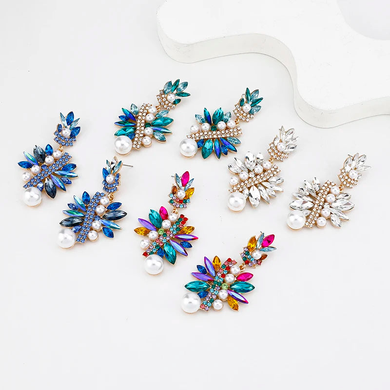 2023 Exaggerated Jewelry Pearl Dangling Earrings Colorful Geometric Crystal Rhinestone Statement Earrings Women