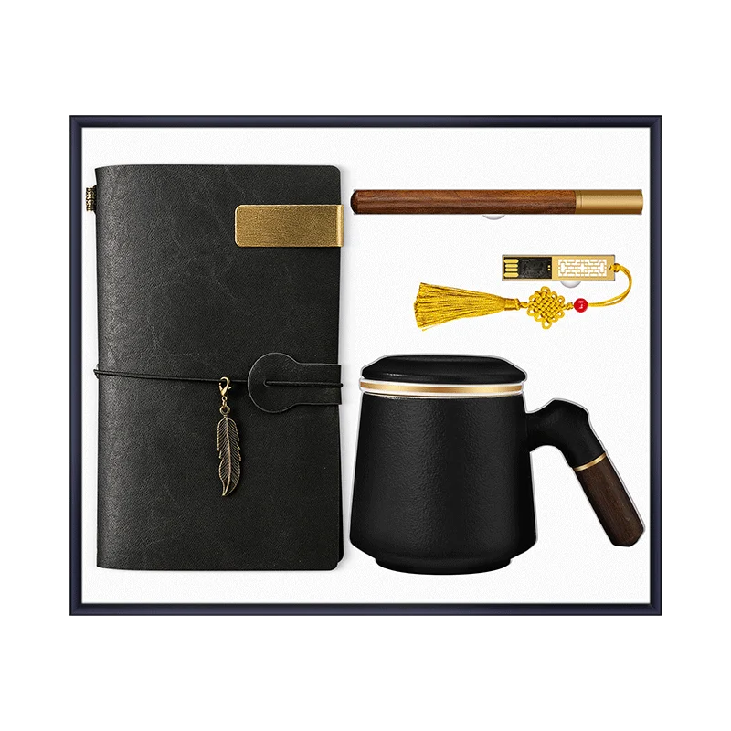 4-in-1 A6 Notebook Set with Wood Pen USB Flash Drive Infuser Tea Mug-Office Gift for Graduation Season