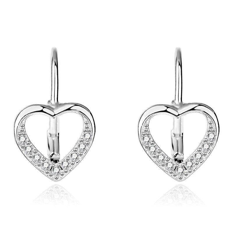 Simple 925 sterling silver women sweet diamond heart shape hoop earrings