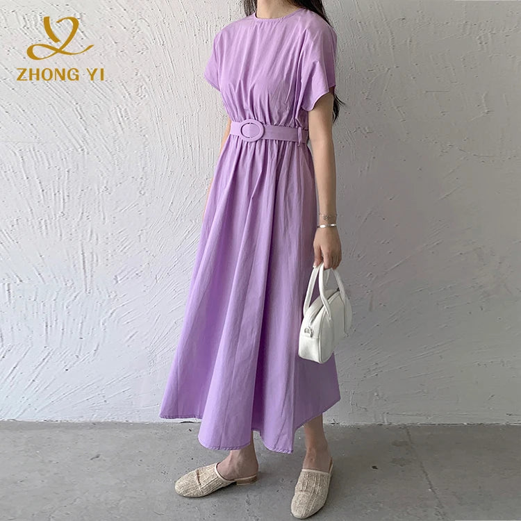 Wholesale Custom Summer Fashion Women Romantic Elegant Solid Color Design Belt Decorated Short Sleeve Long Casual Formal Dress