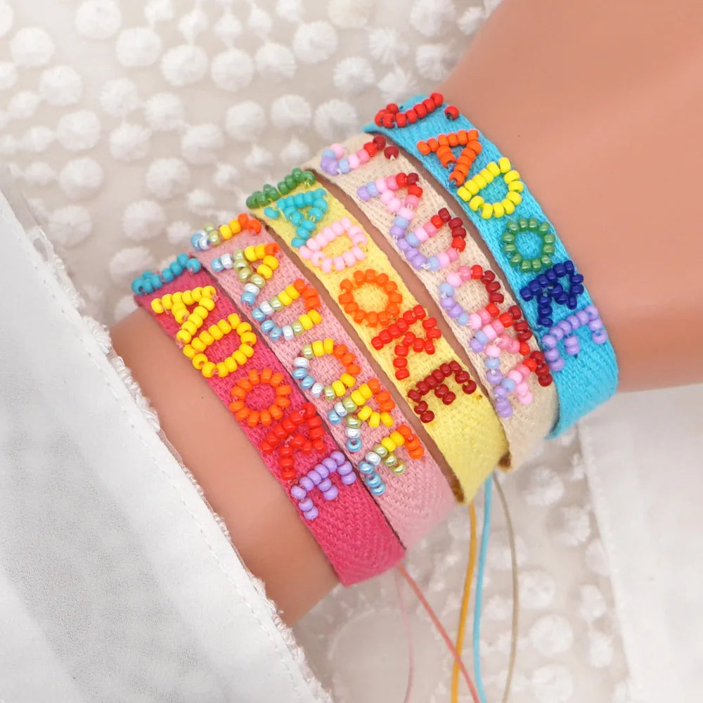 Hot Selling Columbia Ribbon LOVE Letter Couple Bracelet Jewelry Seed Woven Beaded Heart Rainbow Bracelet for Women