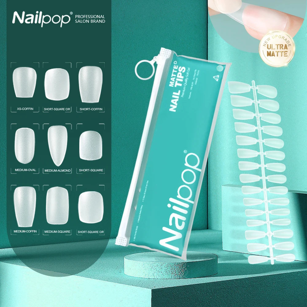 Nailpop Pre-Formed Acrylic Fake Nails Double-Sided Press-On Short Full Cover 15 Sizes French Style Coffin/Almond Pattern Medium