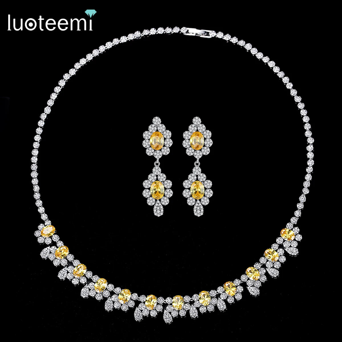 LUOTEEMI Beautiful Bride Wedding Earrings Necklace Woman Flower Fashion Indian Bridal Dubai Jewelry Set Jewellery