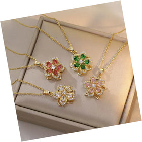 DAIHE Minimalist Rotatable Necklace Stainless Steel Necklace Zircon Flower Rotatable Necklace for Women