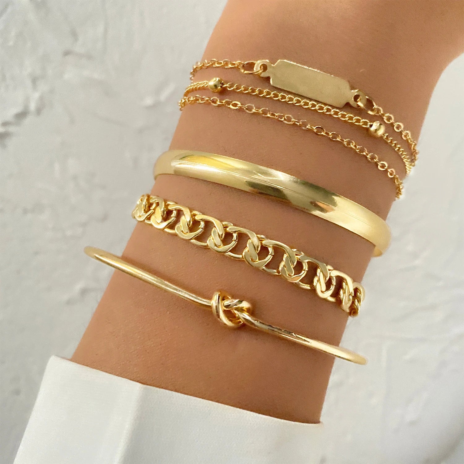 VKME Vintage Gold Plated 4Pcs Link Chain Bracelets Bangles Set High Polished Charm Gold Bracelet for Women Jewelry