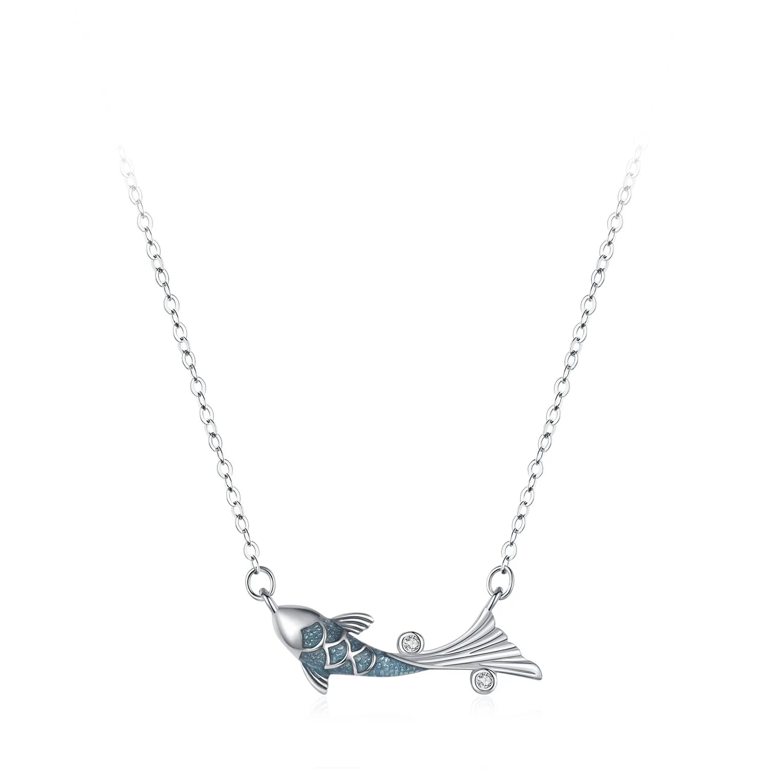 New Fashion 925 Sterling Silver Glitter Zircon Blue Enamel Fish Necklace for Women Girls Lucky Jewelry Gifts