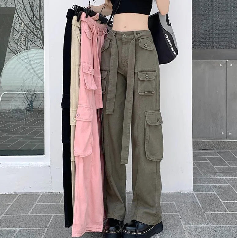 S-3XL American Vintage Multi Pocket Worn Cargo Pants Female Drag Cool Street Loose and Slim Straight Pants
