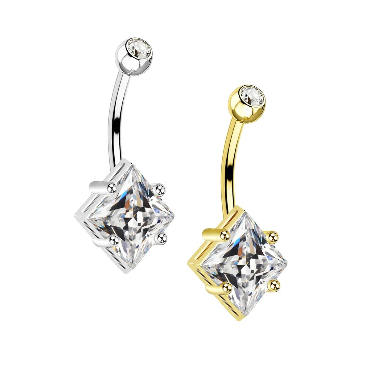 14G 316L Surgical Steel Belly Button Rings Square CZ Navel Piercing Jewelry Hypoallergenic Silver & 18K Gold Plated