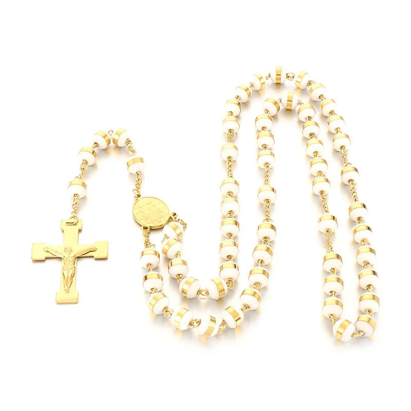 Cross Pendant Stainless Steel 8mm Ball Bead Chain Necklace Jewelry Rosary Religious Necklace for Women