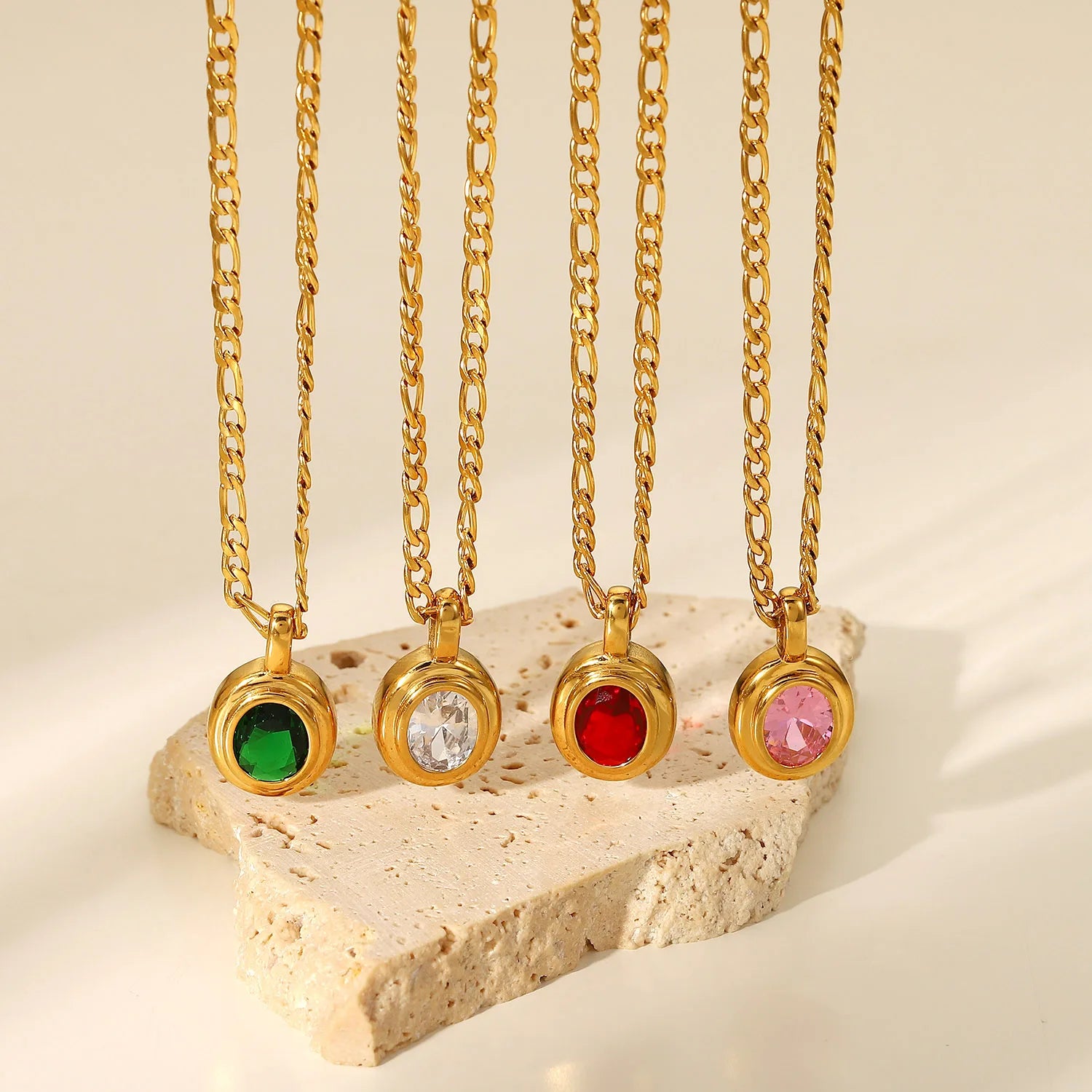 18k Gold Plated 316L Stainless Steel Jewelry Pink Cubic Zirconia Figaro Chain Oval Pendant Necklace