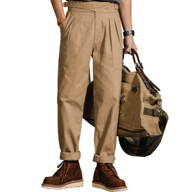 Wholesale Custom Mid Waist Straight Embroidery Vintage Cargo Casual Breathable Khaki Cotton Pleated Gurkha Pants Men