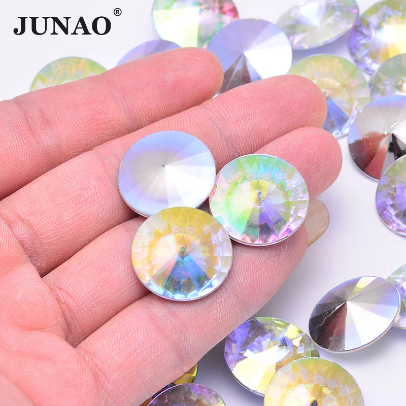 JUNAO 6mm-25mm Round Rivoli Strass Gemstones Pointback Acrylic Diamond Crystal AB Rhinestones for DIY Clothes