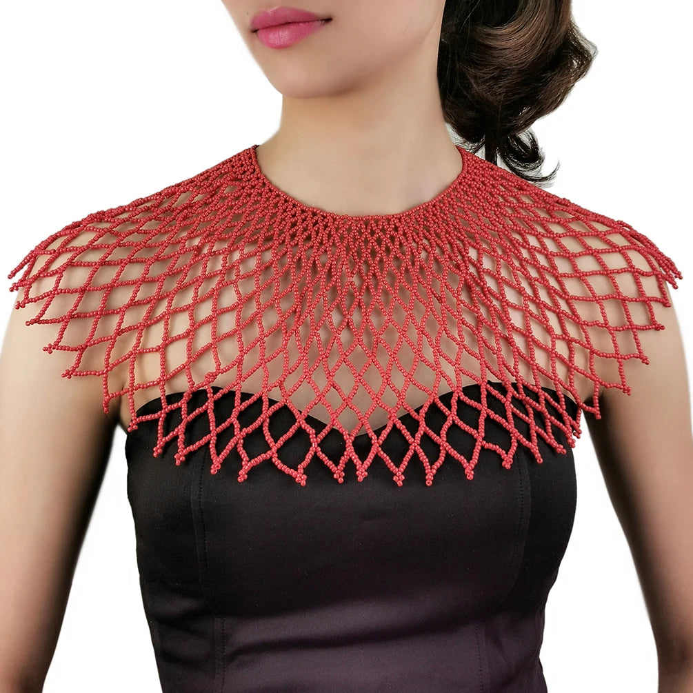 HANSIDON Statement Handmade Fishing Net Shape Necklace Women Vintage Bib Resin Beaded Collar Necklace Charms Shoulder Jewelry