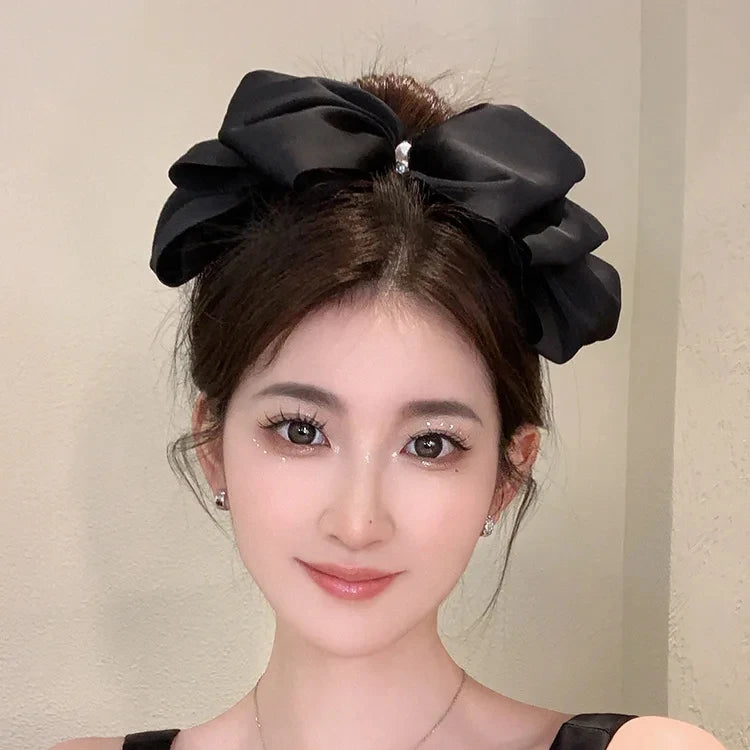 Black Satin Hair Barrettes Clip for Women Large Pearl Bow Hair Headwear French Barrette Bowknot Hairpin