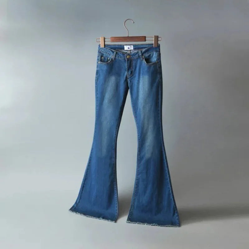 Lady High Street Slim Fit Casual Denim Long Trousers Bell Bottom Flared Jeans for Women