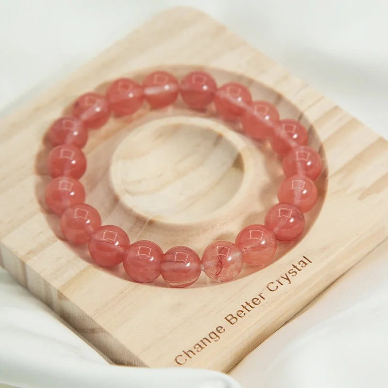 Unisex Natural Polished Gemstone Jewelry Rose Cherry Crystal Healing Bracelet Semi-Precious Stretch Fashion 8mm Beaded Bracelets