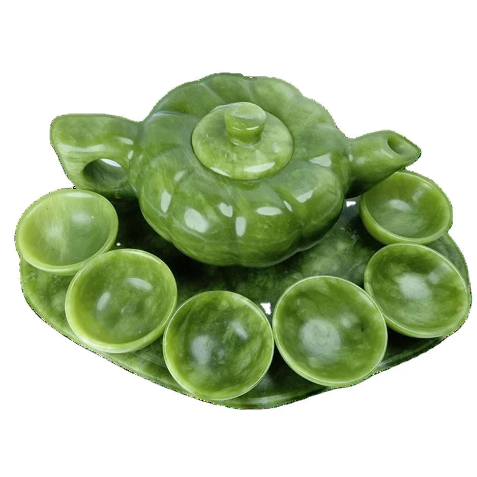 Chinese Traditional Handcraft Jade Teapot With 6 Cups and 1 Jade Plate Set Collectible Jade Teapots & Tea Sets
