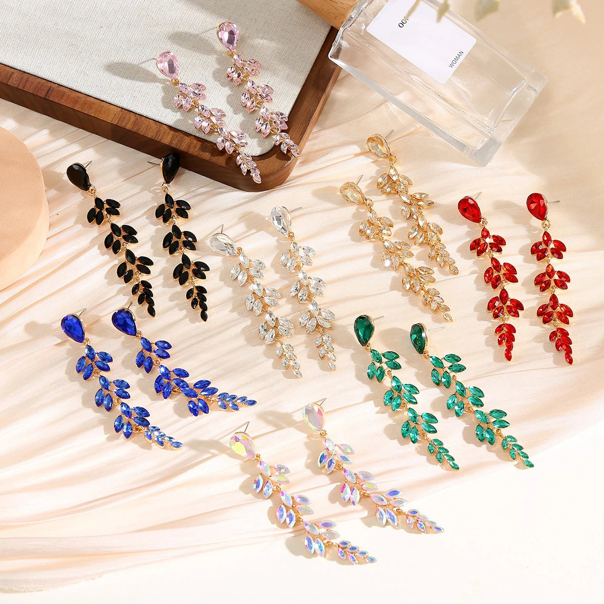 Luxury Trendy Women's Gold-Plated  Dangle Earrings Exaggerated Leaf Shiny Crystal Rhinestone Jewelry for Wedding Parties