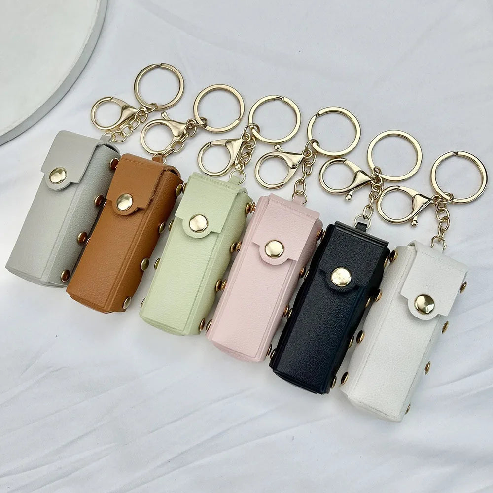Alloy Leopard Print Keychain Metal Rivet Lipstick Bag Pendant PU Leather Rechargeable Feature Small Doll Mobile Phone Bag Gift