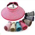 2023 Latest Stripes Design Wide Brim Ponytail Summer Foldable Beach Straw Sun Visor Hats for Women