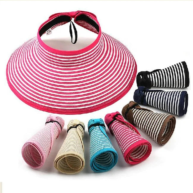 2023 Latest Stripes Design Wide Brim Ponytail Summer Foldable Beach Straw Sun Visor Hats for Women