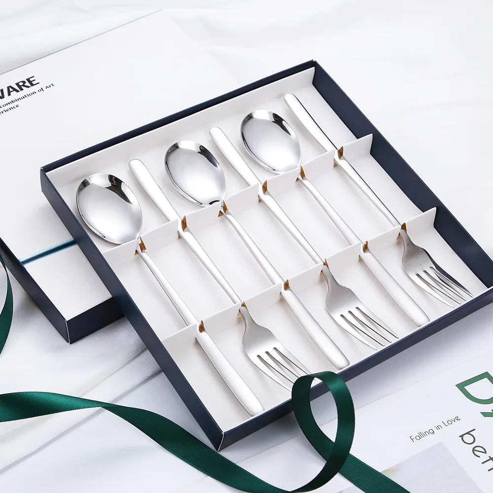 Korean Style Long Handle Stainless Steel Fork Spoon Tableware Gift Box 6 Pcs Set Restaurant Spoon Fork Silverware Flatware Set