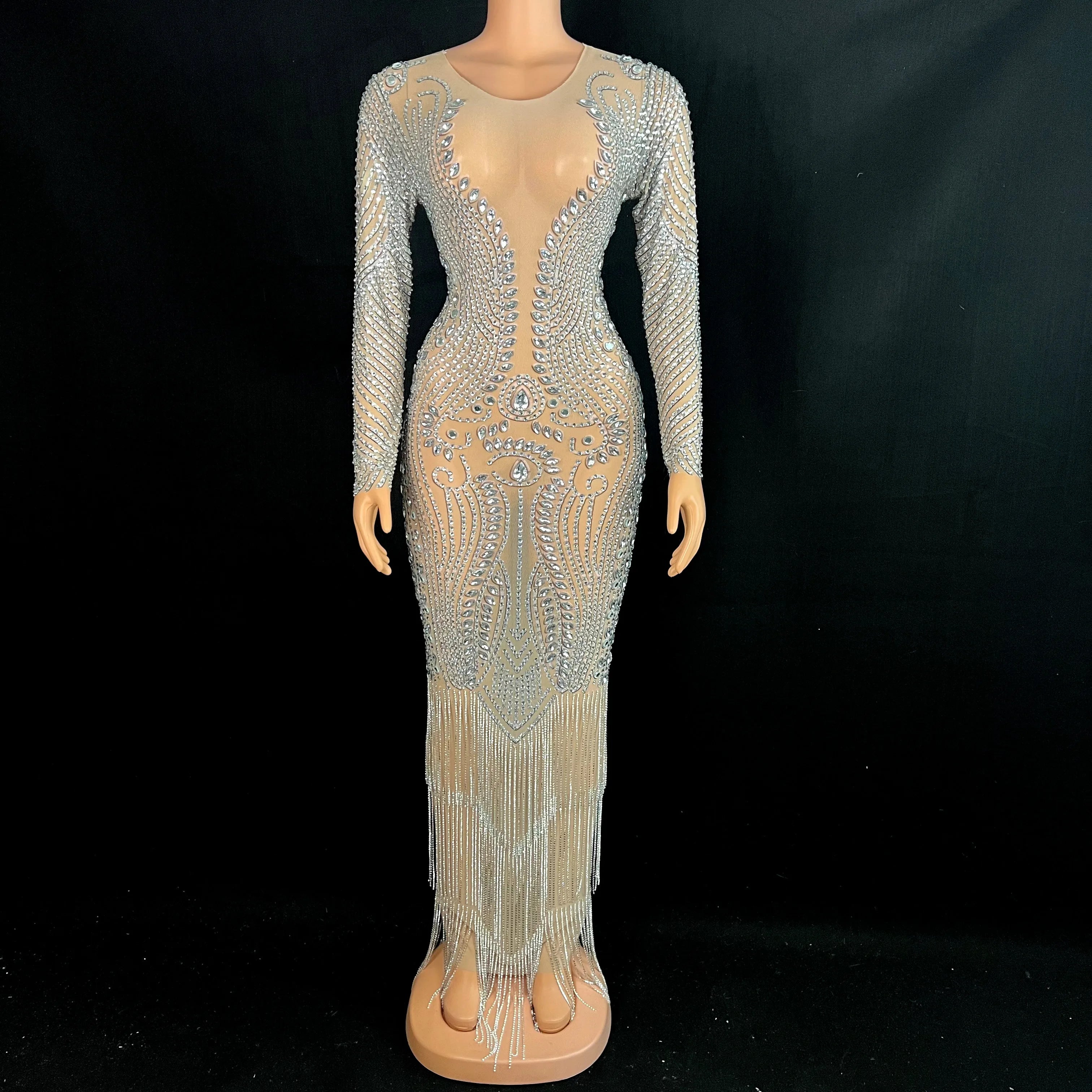 Luxury Silver Crystals Chains Party Transparent Long Sleeves Dress Evening Birthday Celebrate Sexy Prom Performance Dress