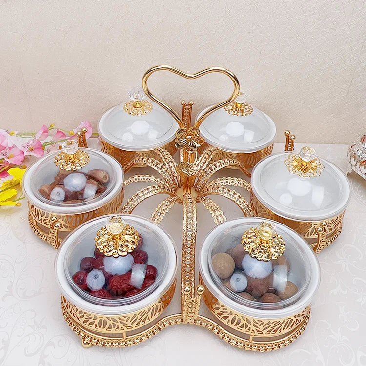 Luxury Vintage Design Nuts Food Storage With Ceramic Bowls Clear Lid Golden Plated Metal Dry Fruit Tray