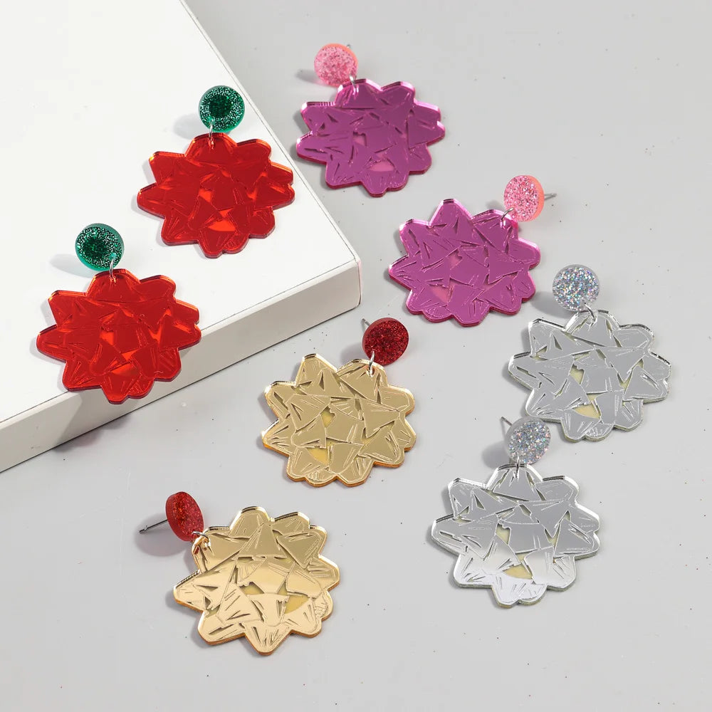 New Fashion Big Flowers Christmas Jewelry Colorful Mirror Accessories Gold Silver Snowflake Xmas Acrylic Drop Earrings Women