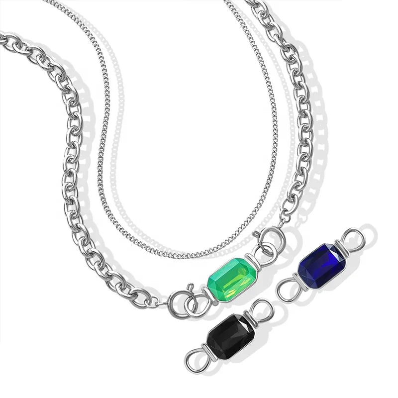 Boho Vintage 18K Gold Plated 316L Stainless Steel Zircon Geometric Double Layer Pendant Necklace for Women Daily Wear